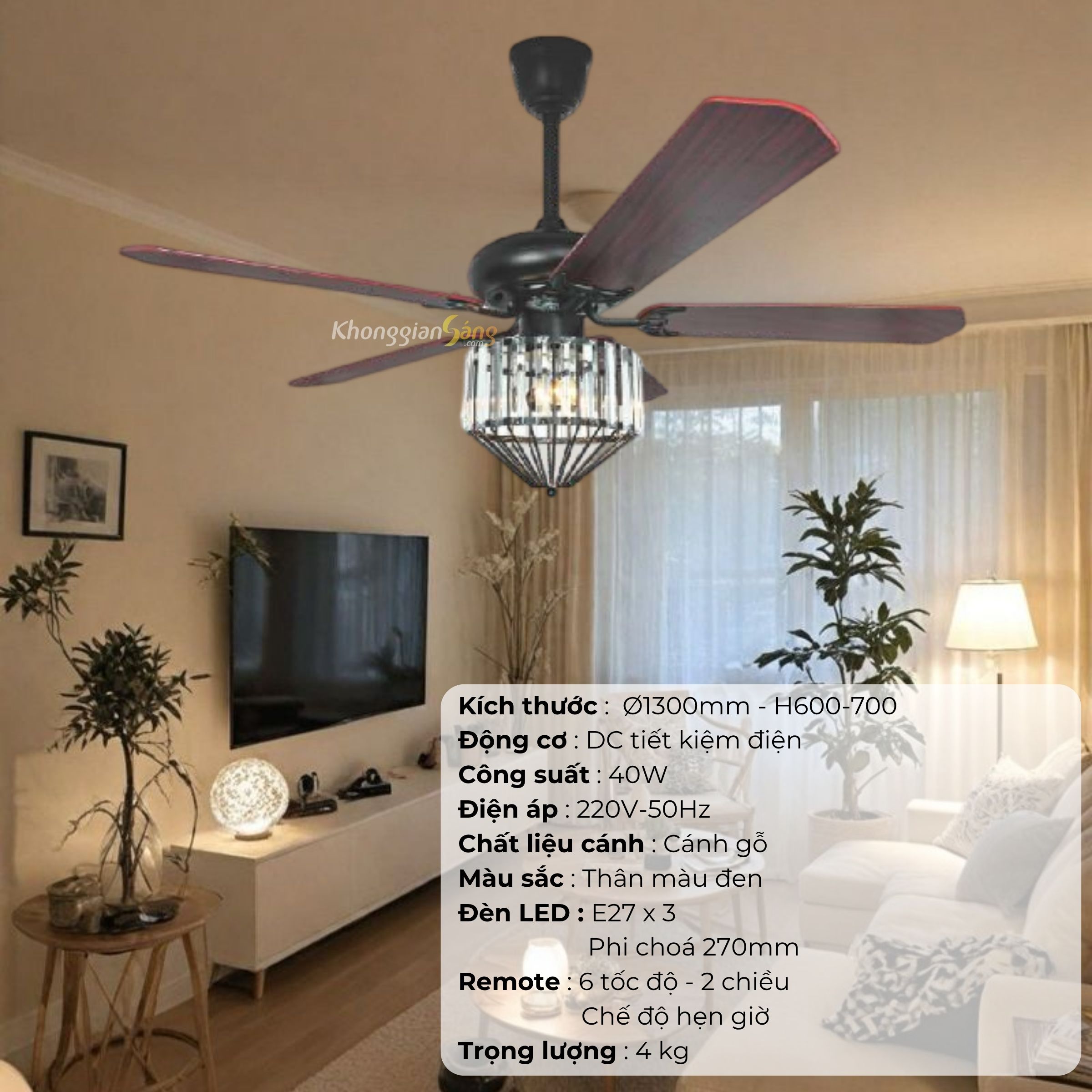 ĐÈN QUẠT CÁNH GỖ (D1300mm - H600mm-700mm) NQ-127