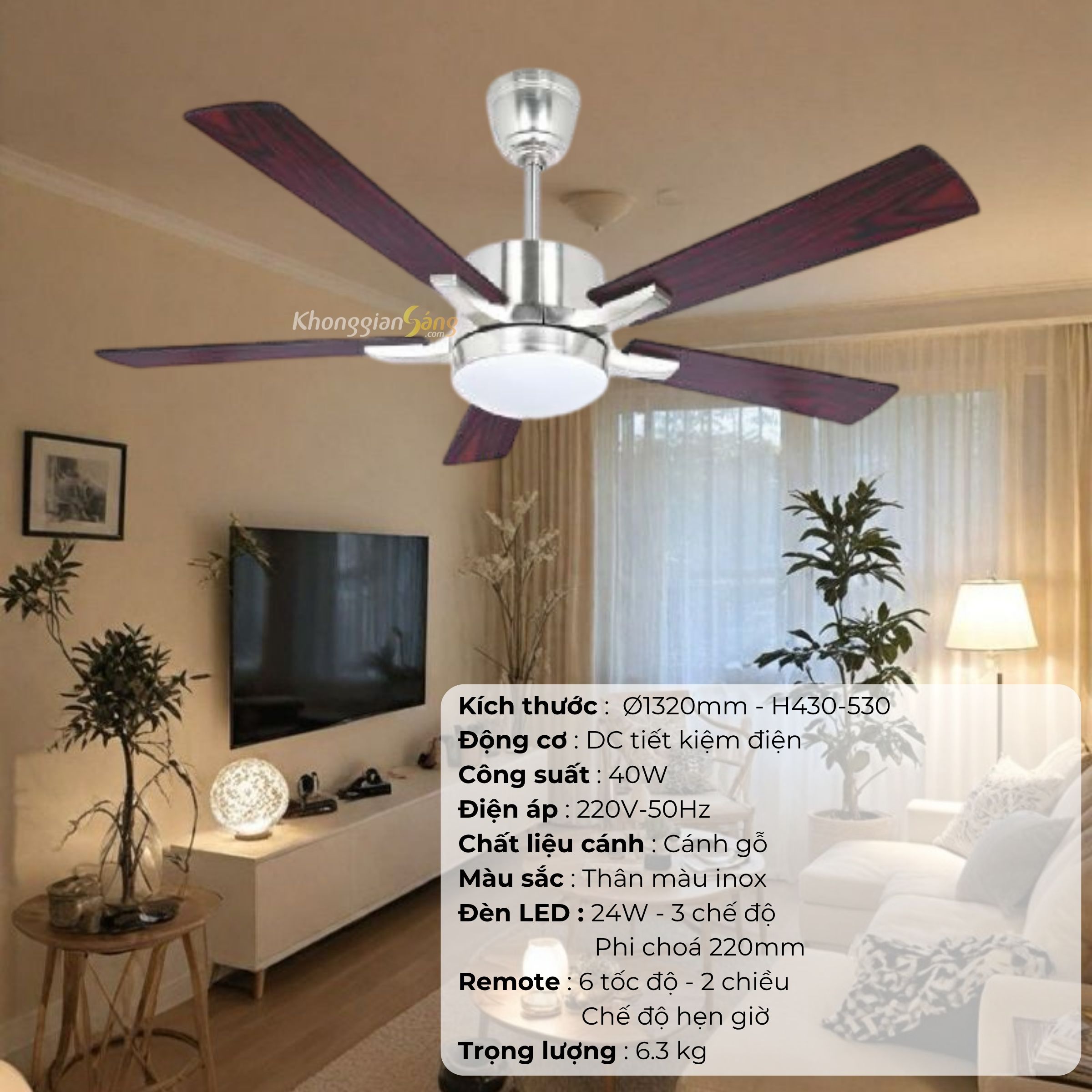 ĐÈN QUẠT CÁNH GỖ (D1300mm - H430mm-530mm) NQ-128