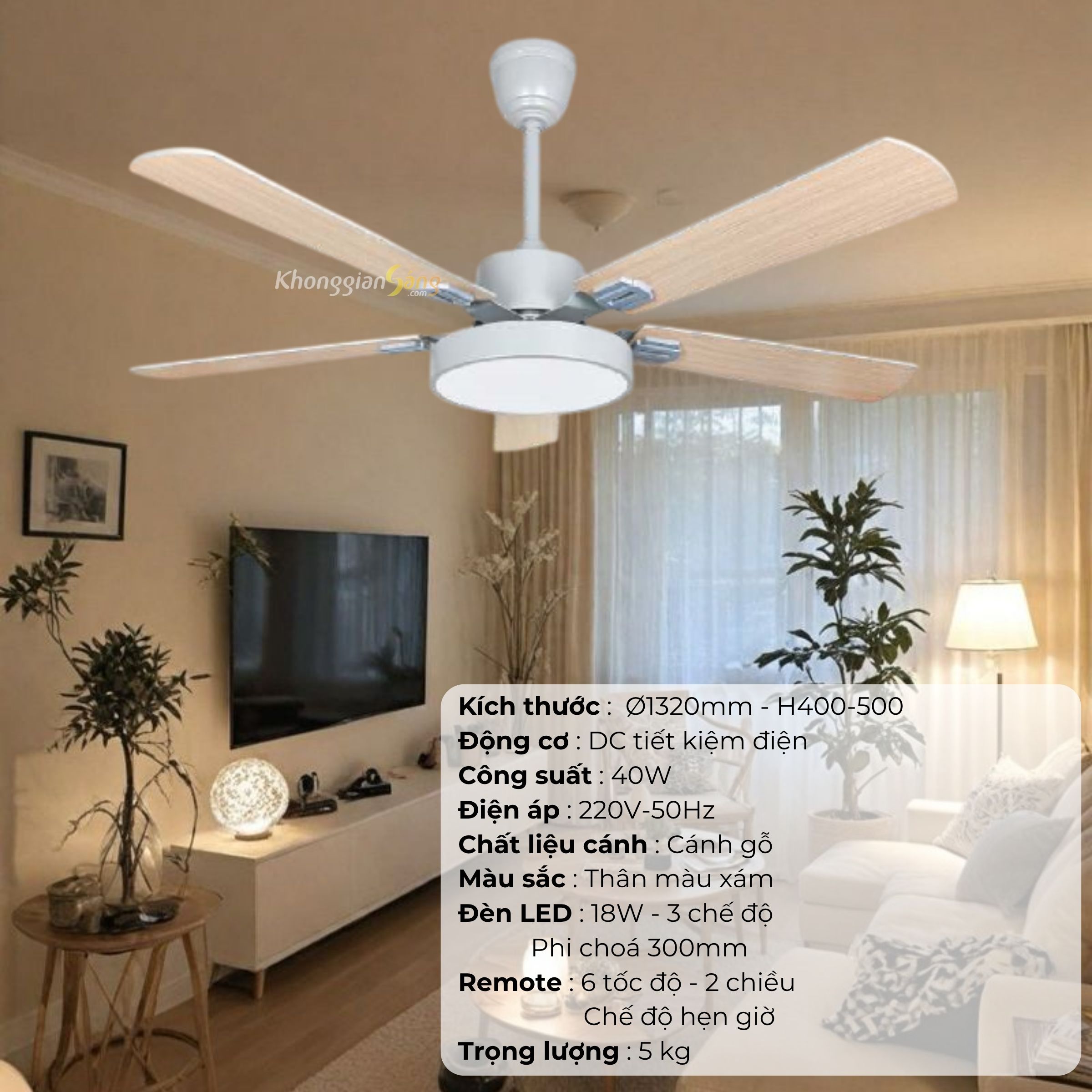 ĐÈN QUẠT CÁNH GỖ (D1320mm - H400mm-500mm) NQ-129