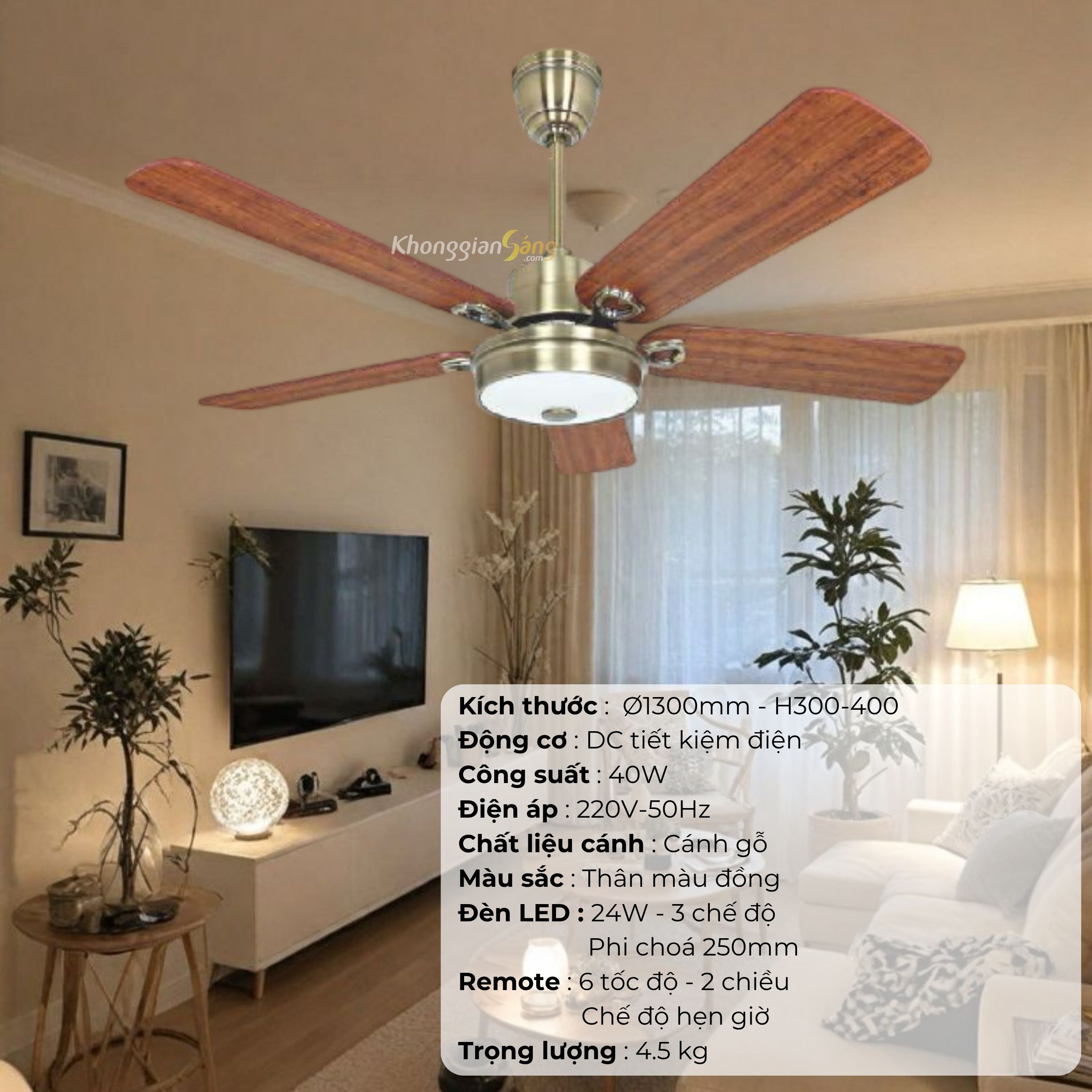 ĐÈN QUẠT CÁNH GỖ (D1300mm - H300mm-400mm) NQ-132