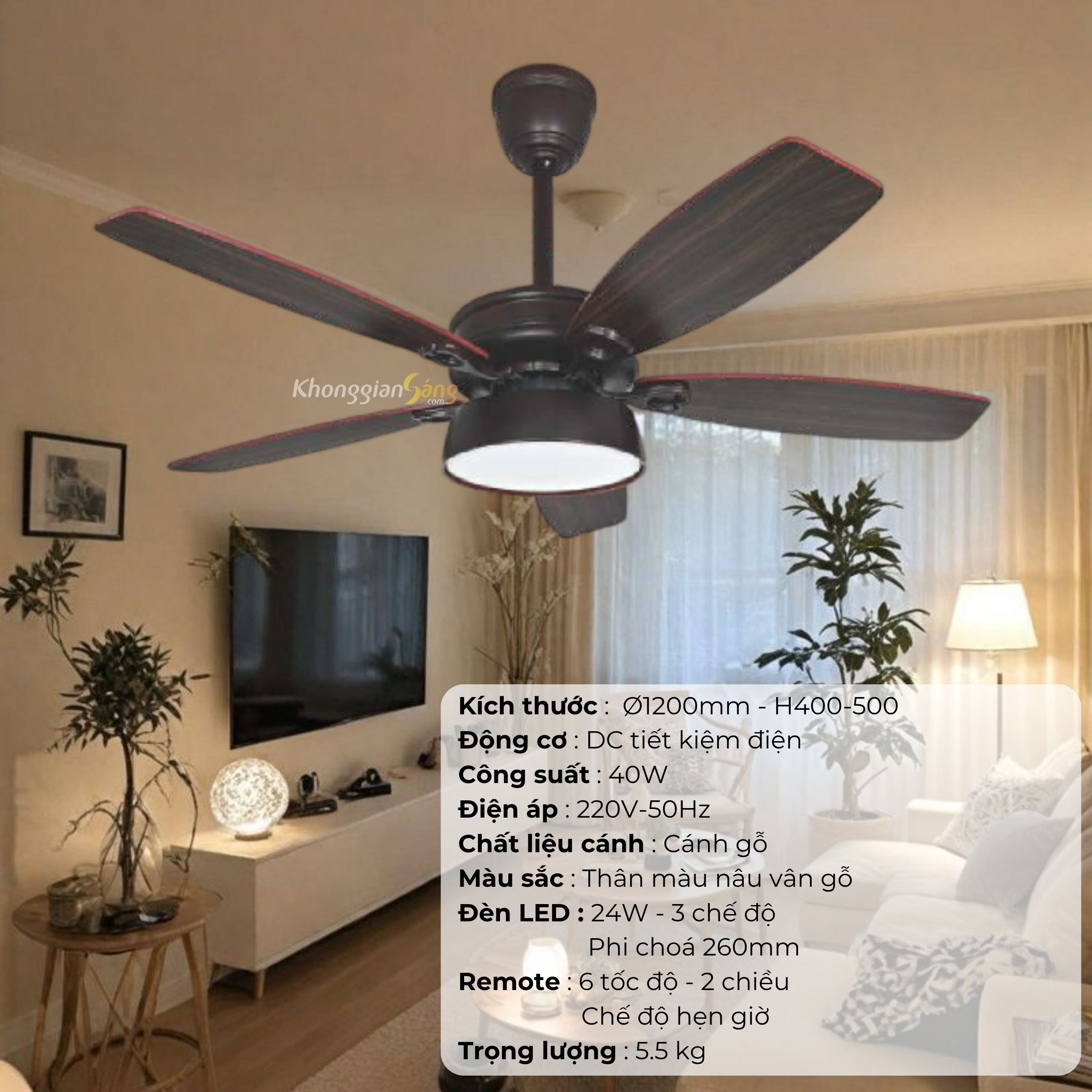 ĐÈN QUẠT CÁNH GỖ (D1200mm - H400mm-500mm) NQ-134