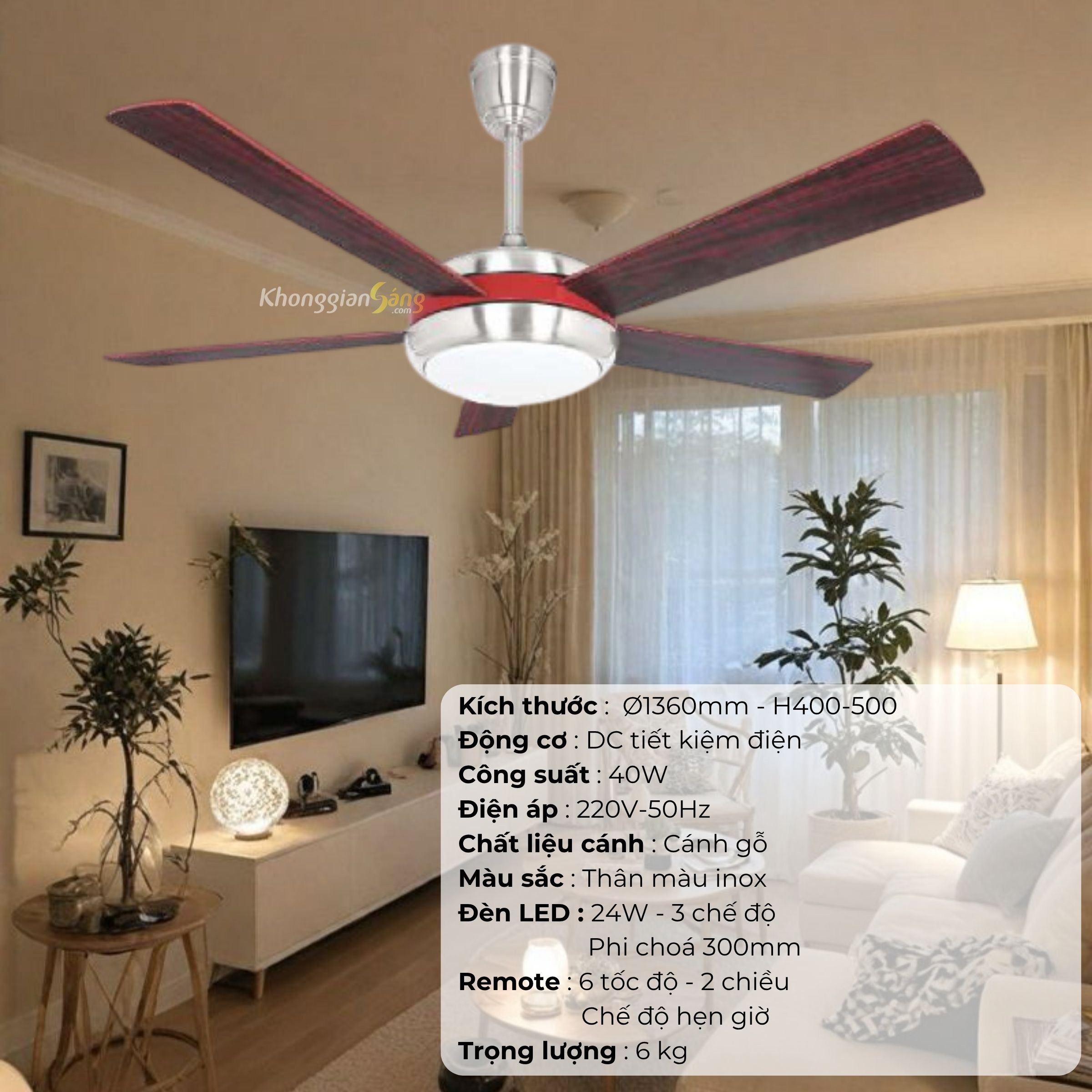 ĐÈN QUẠT CÁNH GỖ (D1360mm - H400mm-500mm) NQ-136