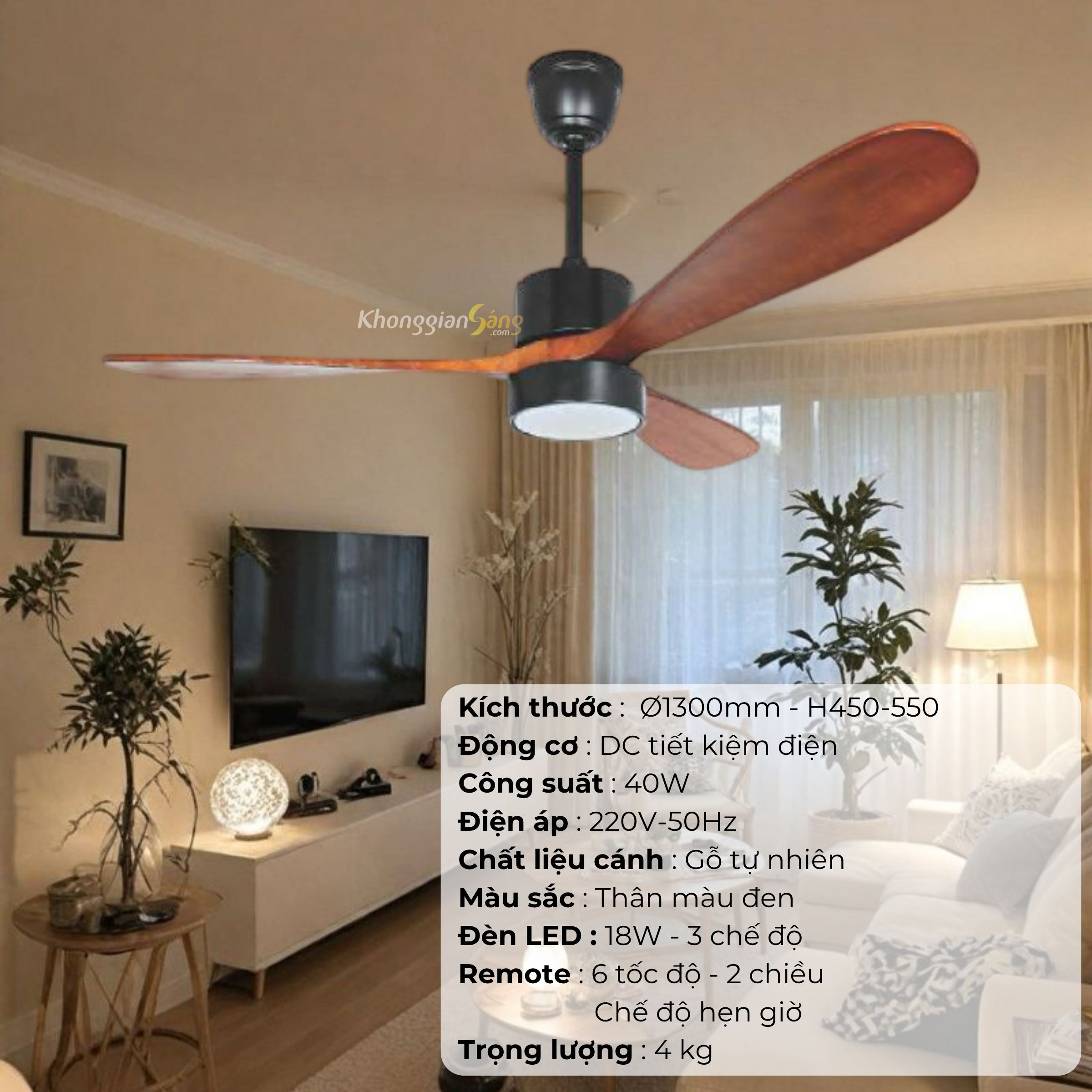 ĐÈN QUẠT CÁNH GỖ TỰ NHIÊN (D1300mm - H450mm-550mm) NQ-141