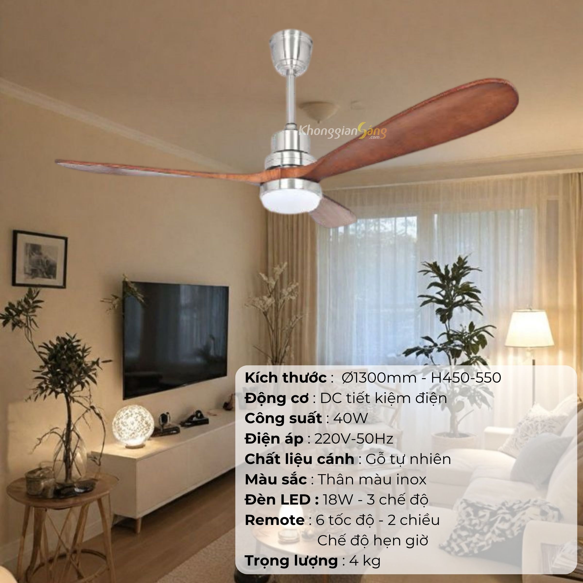 ĐÈN QUẠT CÁNH GỖ TỰ NHIÊN (D1300mm - H450mm-550mm) NQ-147