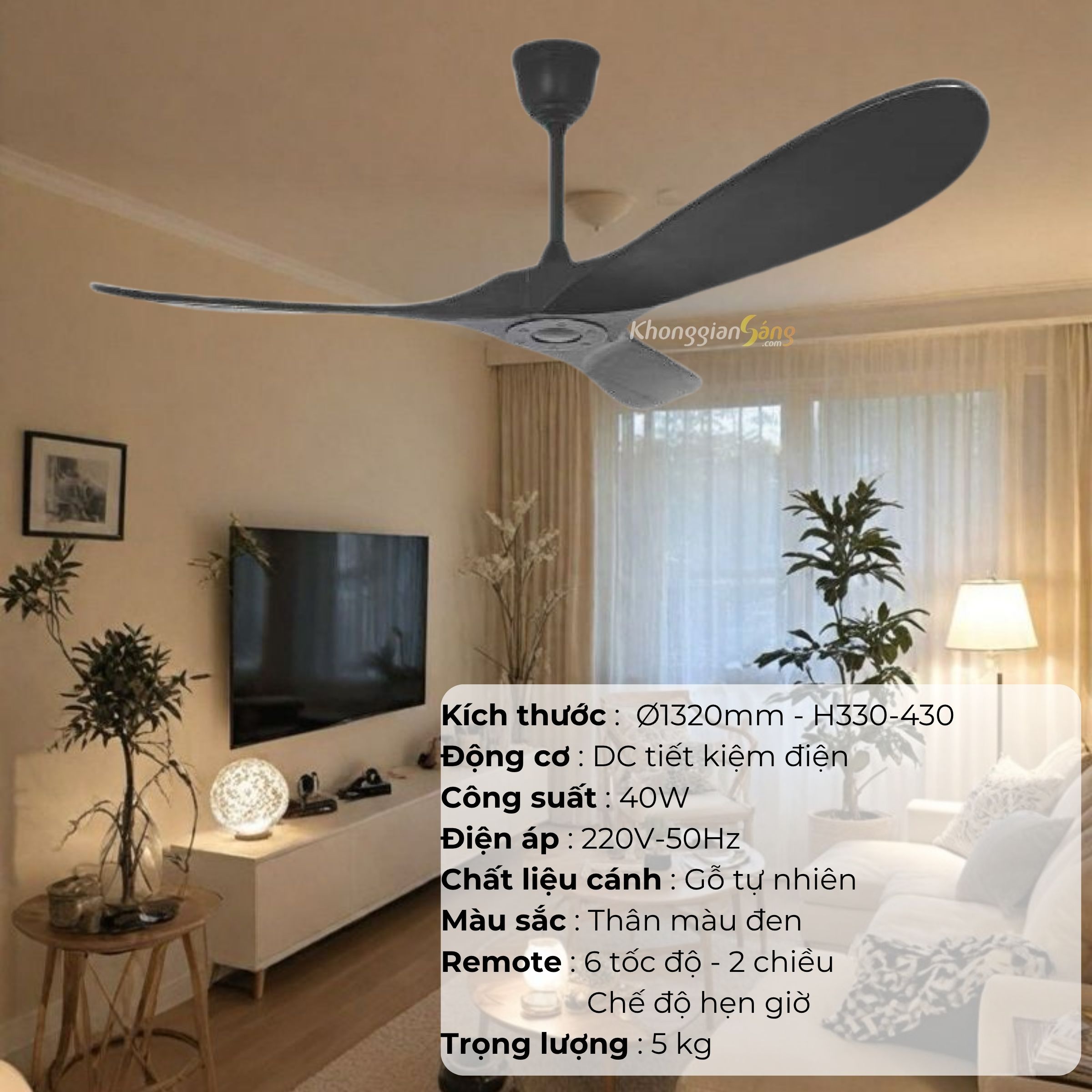 ĐÈN QUẠT CÁNH GỖ TỰ NHIÊN (D1320mm - H330mm-430mm) NQ-149