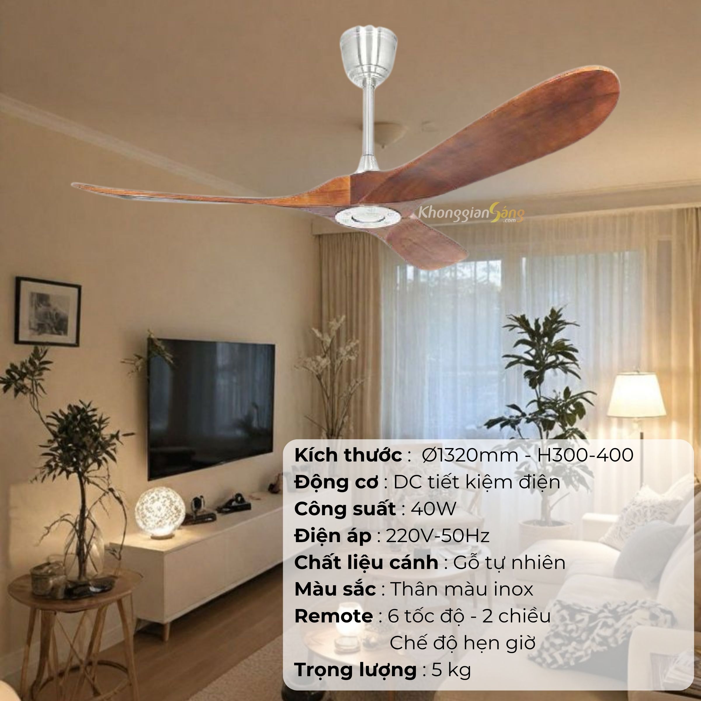 ĐÈN QUẠT CÁNH GỖ TỰ NHIÊN (D1320mm - H300mm-400mm) NQ-150