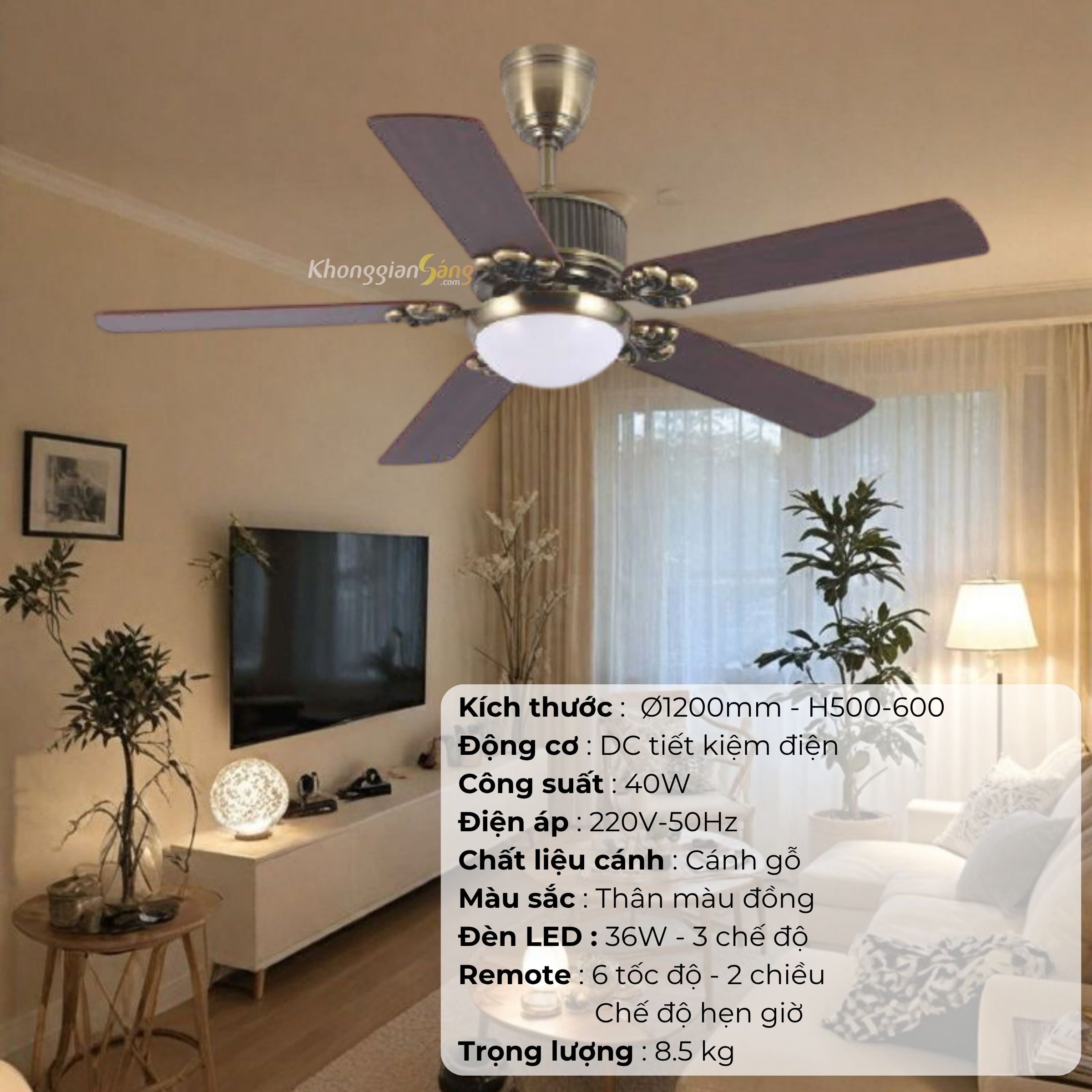 ĐÈN QUẠT CÁNH GỖ (D1200mm - H500mm-600mm) NQ-2823