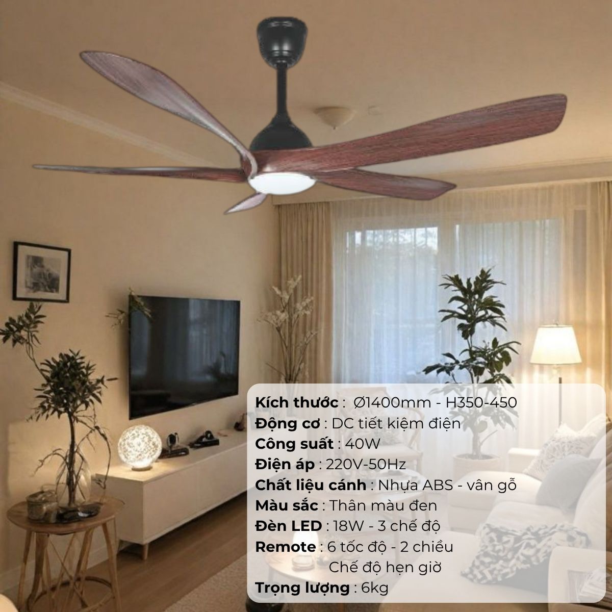ĐÈN QUẠT CÁNH NHỰA ABS (D1400mm - H350mm-450mm) NQ-112A